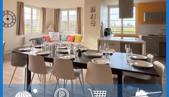 Les sables d'or Grand apt lumineux bien équipé 1er étage vue panoramique sur campagne près superette, à 600 m plage proche Omaha Beach et pointe du Hoc parking gratuit, garage à disposition